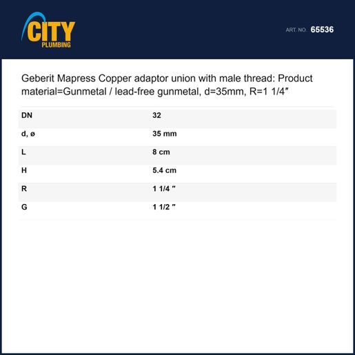 Product image for SKU 40010706 Mapress 65536 Copper adaptor union male thread 35mm x 11/4" x 11/2" - Image 1