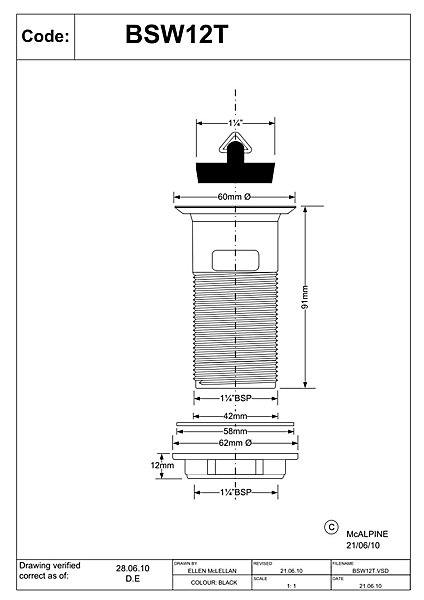 Product image for SKU 62024028 McA 1 1/4" Black Plastic Slotted Basin Waste 60mm SS Flange BSW12T - Image 1