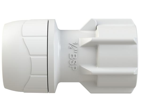 Product image for SKU 70025093 Polyplumb Enhanced 15mmx1/2" Hand Tight Tap Connector White - Image 1